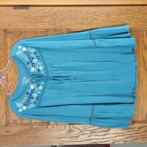 Time and Tru Trumpet Sleeve Tie Tassel Neck Flowy Embroidered Floral Blouse S